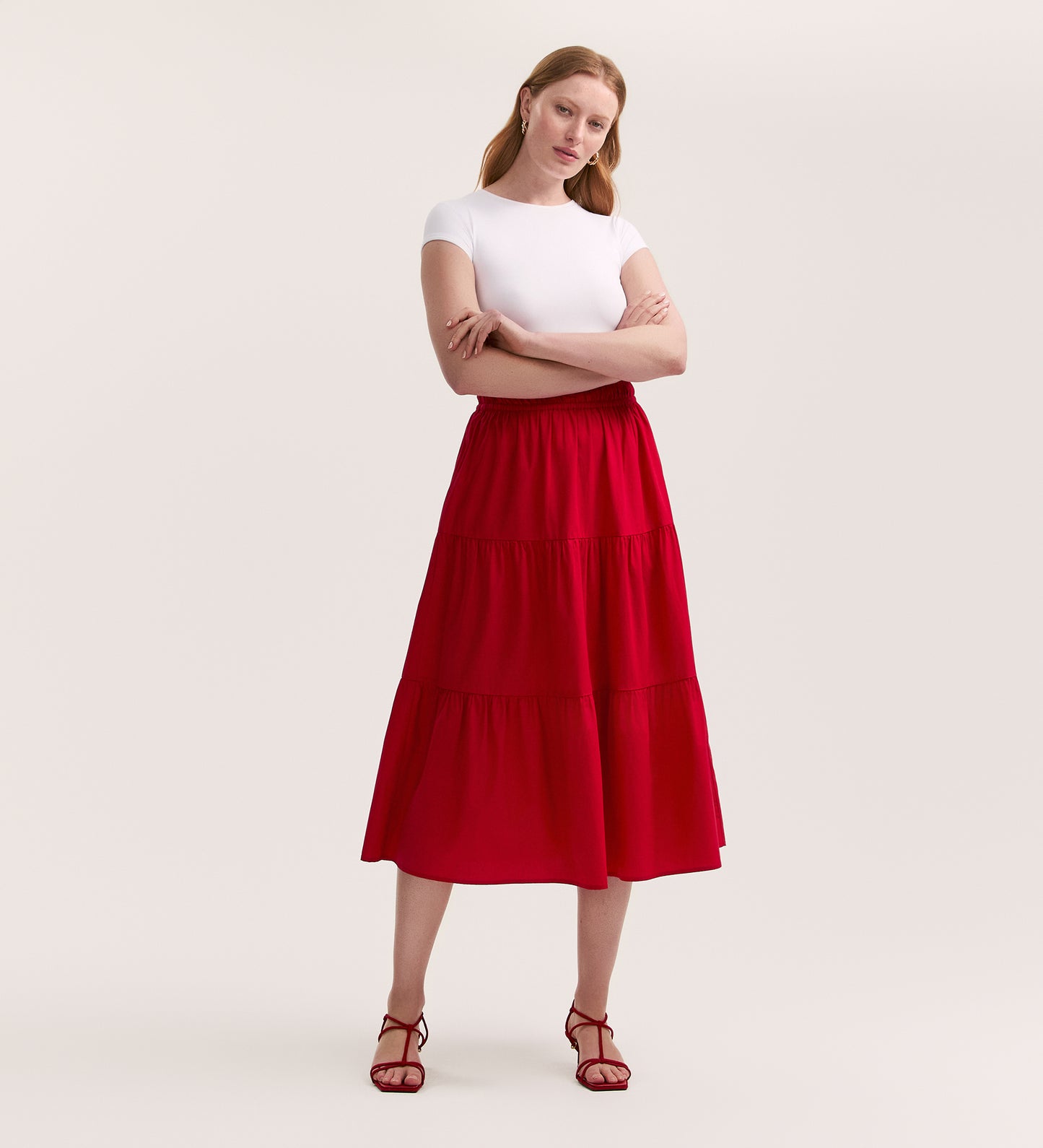 Harleen Red Cotton Midi Skirt