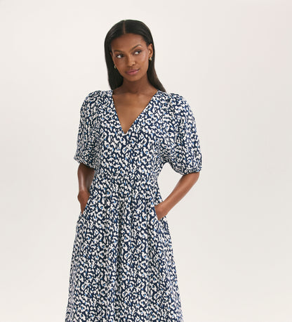 Katie Navy Animal Midi Smock Dress