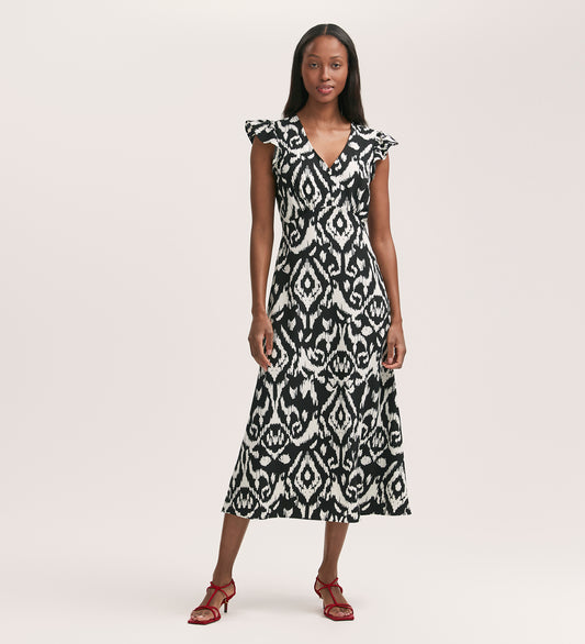 Liza Black Ikat Crepe Midi Dress