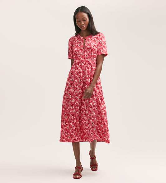 Mairead Coral Flower Crepe Midi Tea Dress