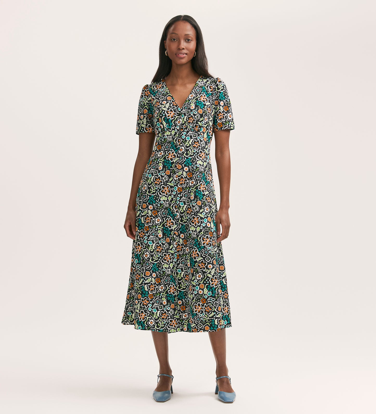 Martina Black Flower Crepe Midi Dress