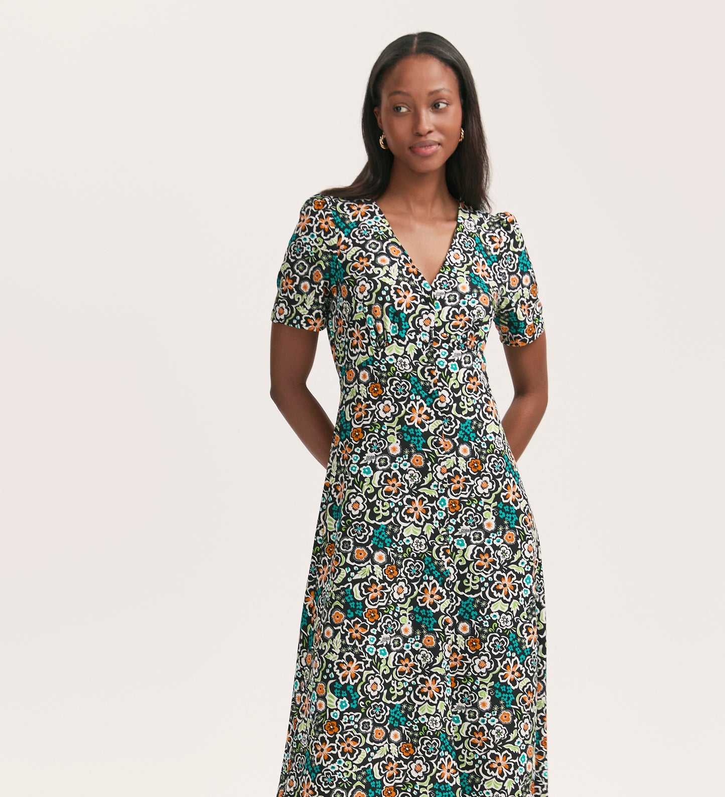 Martina Black Flower Crepe Midi Dress