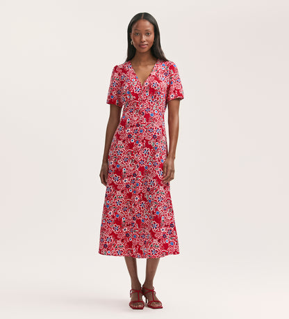 Martina Red Flower Crepe Midi Dress