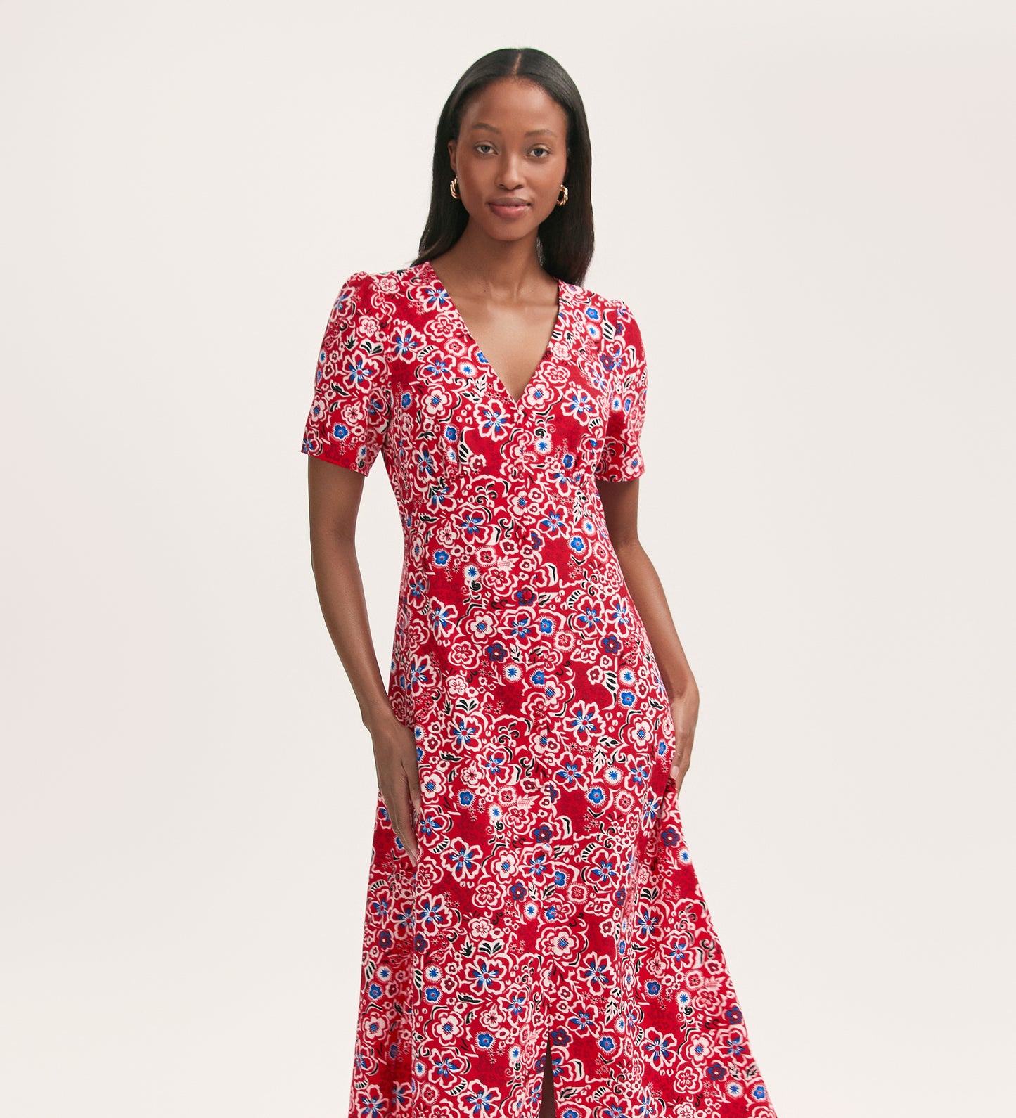 Martina Red Flower Crepe Midi Dress