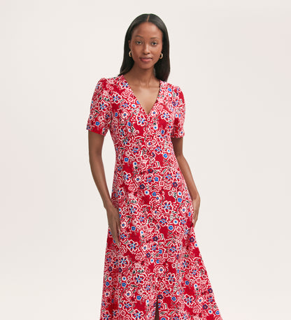 Martina Red Flower Crepe Midi Dress