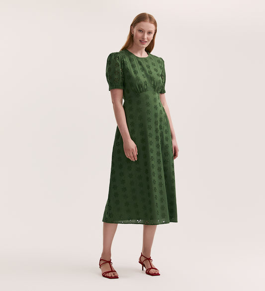 Mela Khaki Cotton Midi Tea Dress