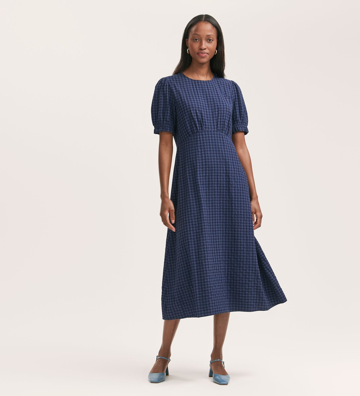 Mela Navy Seersucker Midi Dress