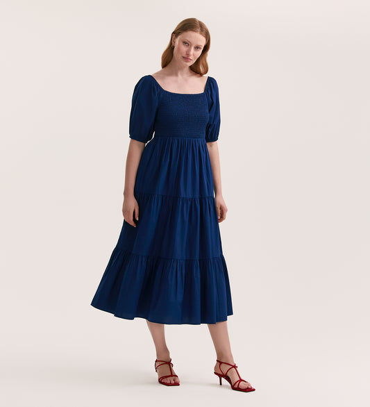 Melody Indigo Cotton Midi Tiered Dress