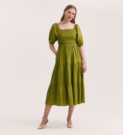 Melody Light Green Cotton Midi Tiered Dress