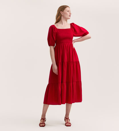 Melody Red Cotton Midi Tiered Dress