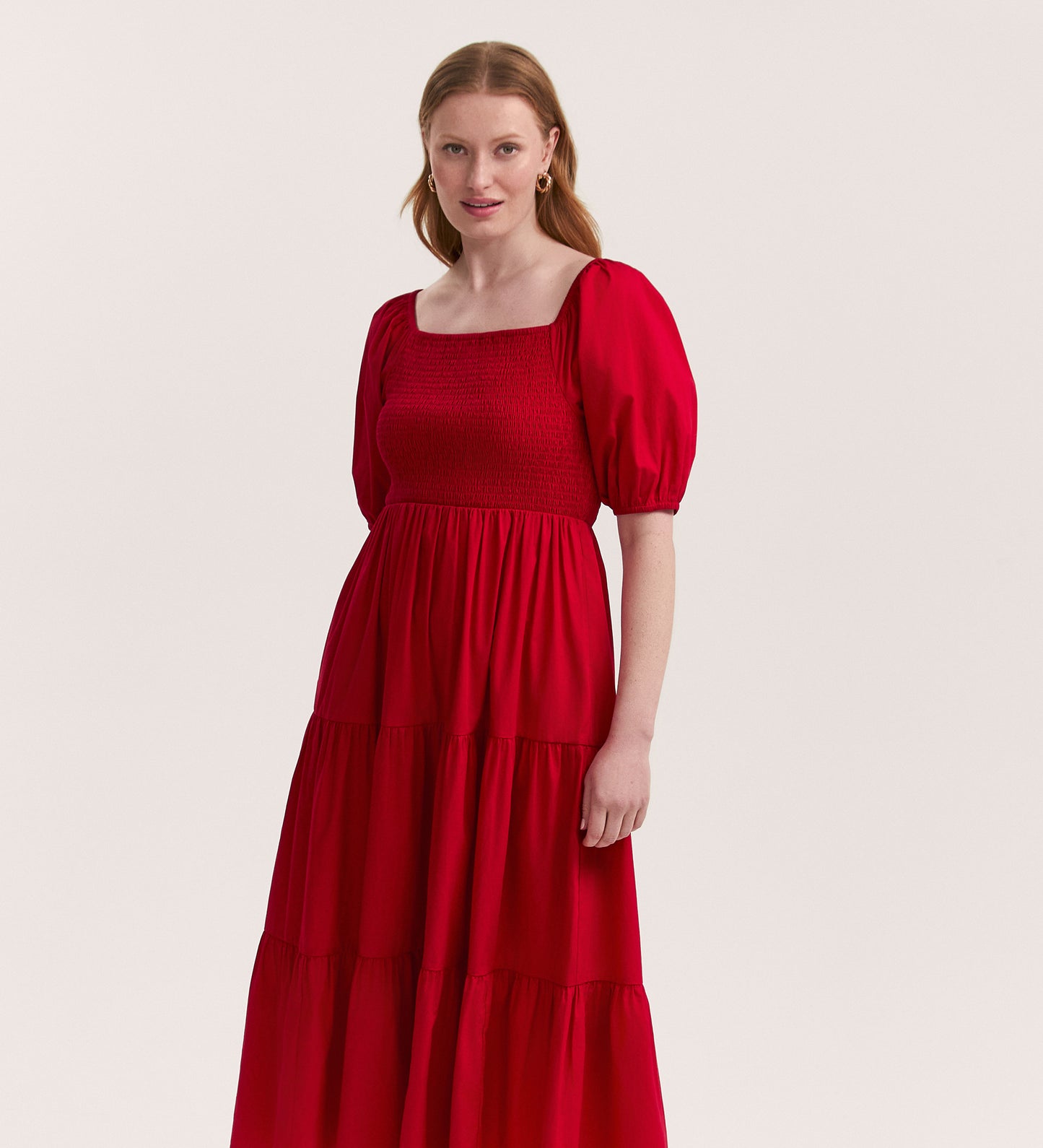 Melody Red Cotton Midi Tiered Dress