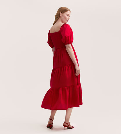 Melody Red Cotton Midi Tiered Dress