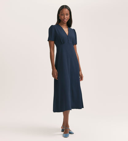 Nieve Navy Crepe Midi Tea Dress