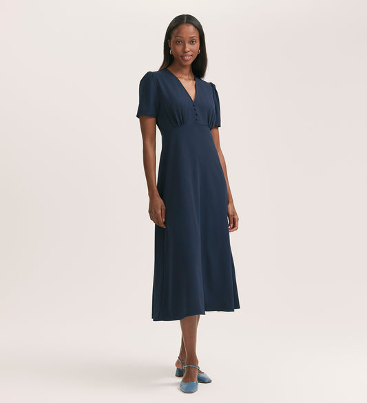 Nieve Navy Crepe Midi Tea Dress