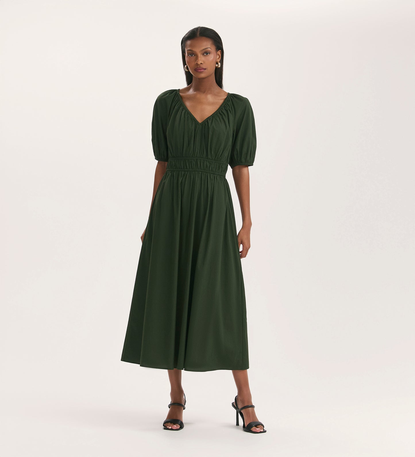 Piper Dark Khaki Cotton Midi Smock Dress