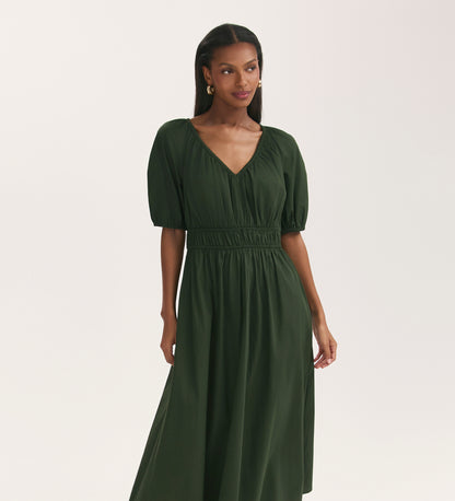 Piper Dark Khaki Cotton Midi Smock Dress