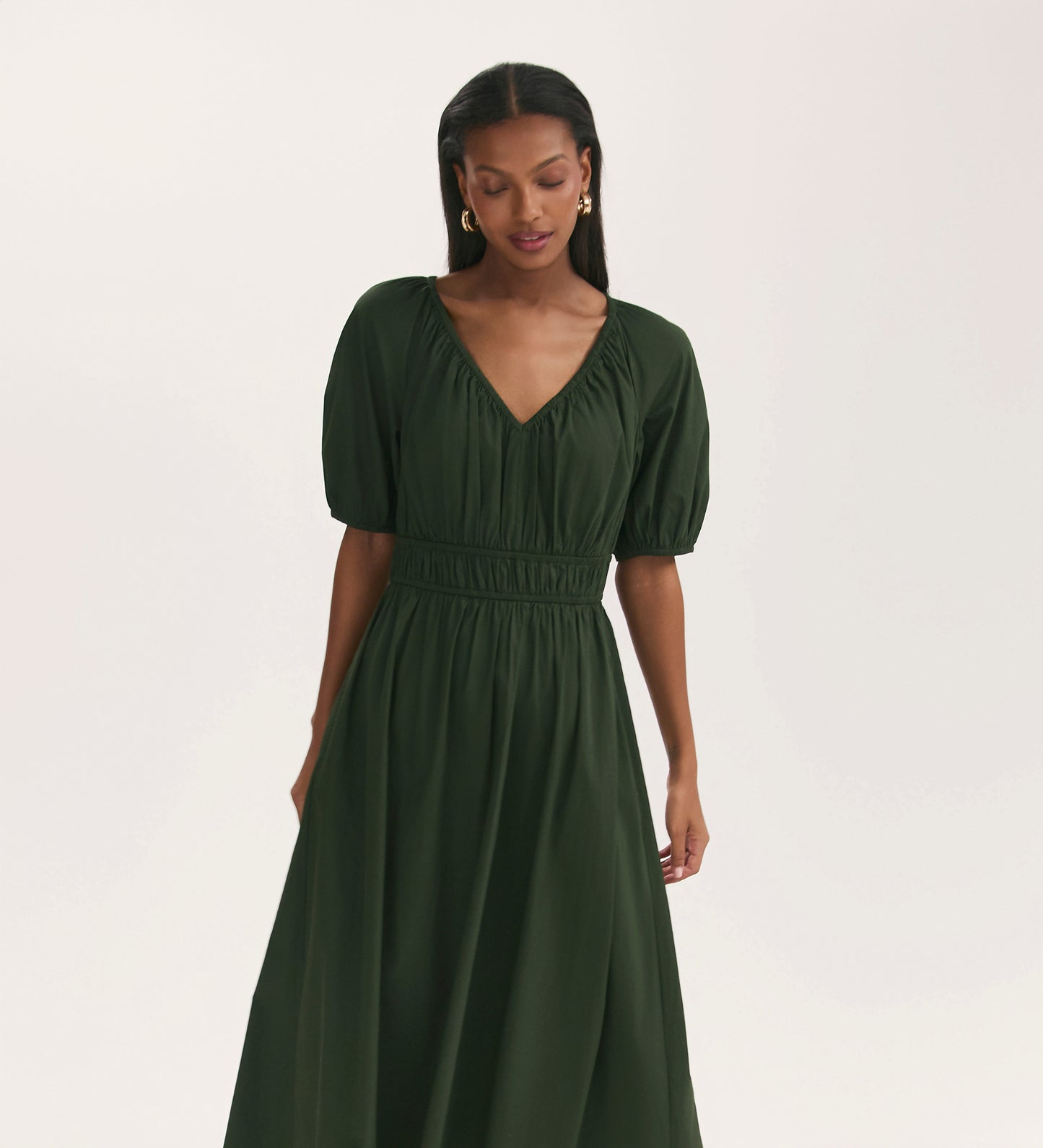 Piper Dark Khaki Cotton Midi Smock Dress