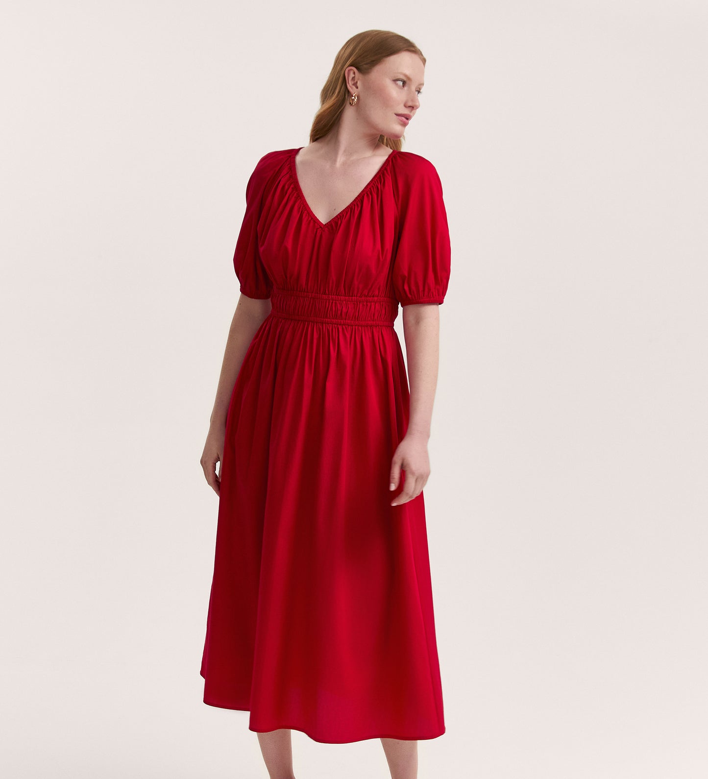 Piper Red Cotton Midi Smock Dress