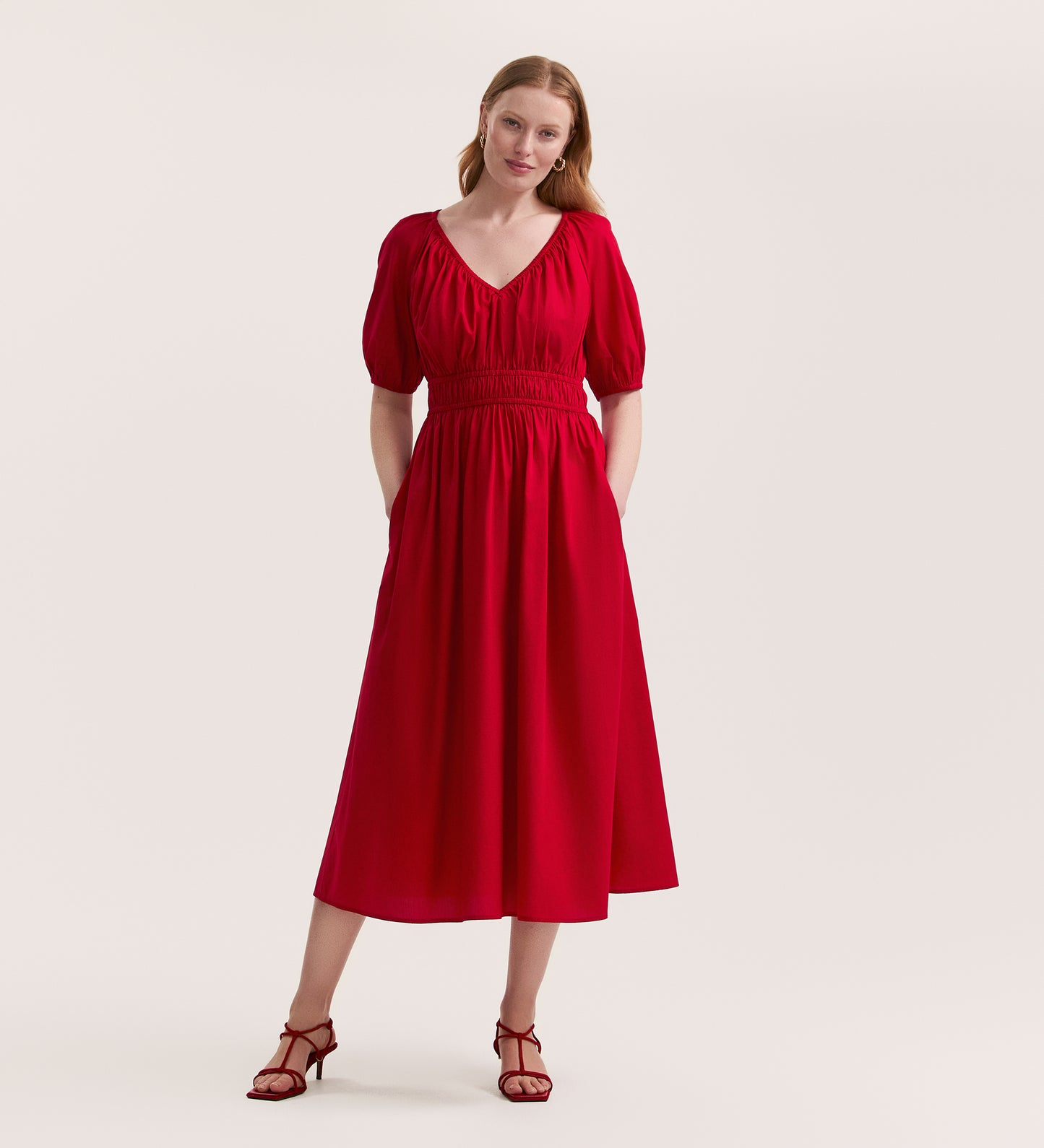 Piper Red Cotton Midi Smock Dress