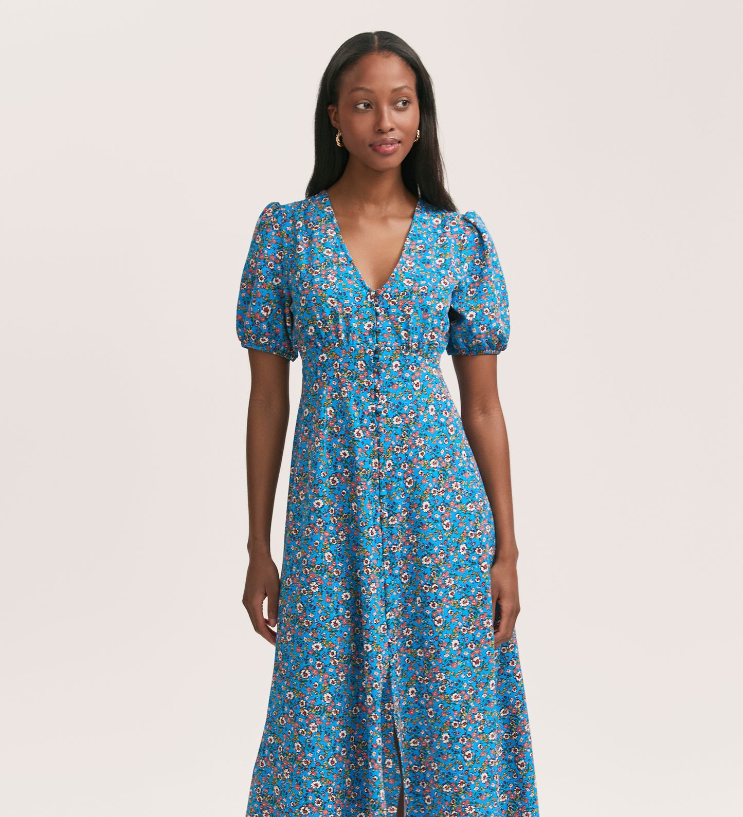 Robyn Blue Floral Crepe Midi Tea Dress