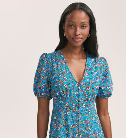 Robyn Blue Floral Crepe Midi Tea Dress