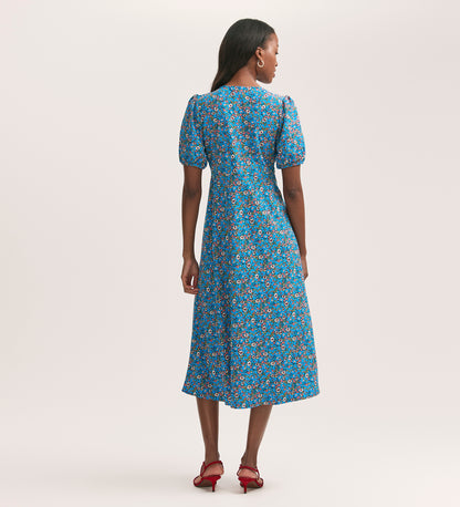 Robyn Blue Floral Crepe Midi Tea Dress