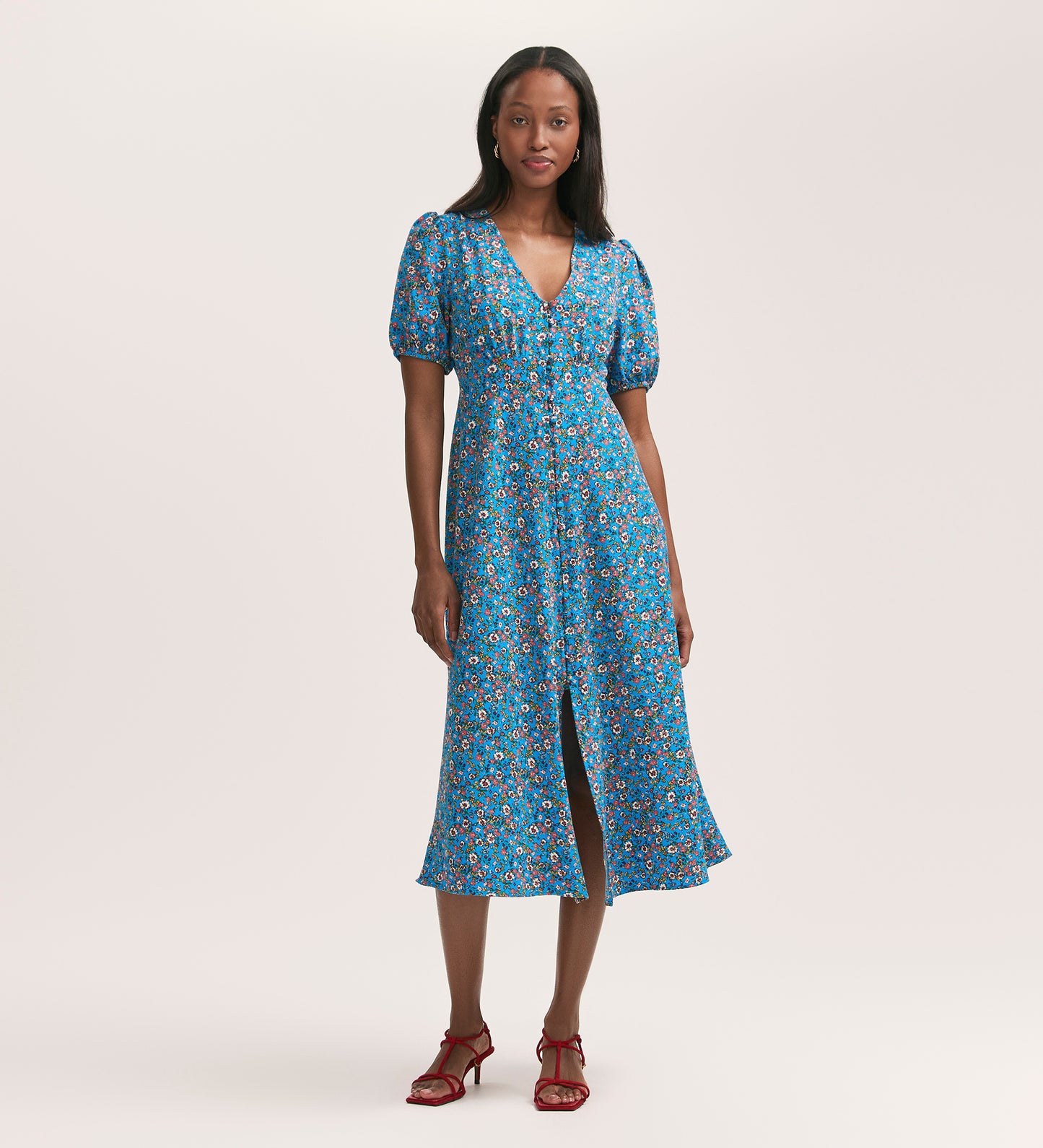 Robyn Blue Floral Crepe Midi Tea Dress