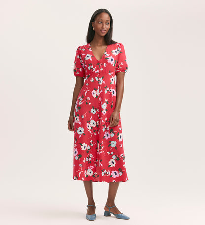 Robyn Coral Floral Crepe Midi Tea Dress