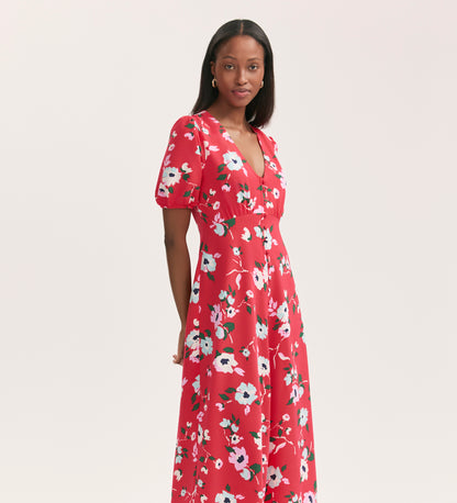 Robyn Coral Floral Crepe Midi Tea Dress