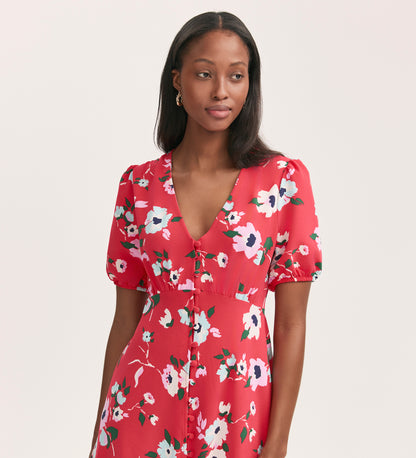 Robyn Coral Floral Crepe Midi Tea Dress