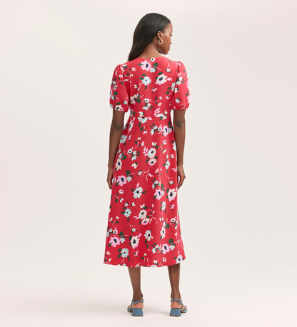 Robyn Coral Floral Crepe Midi Tea Dress