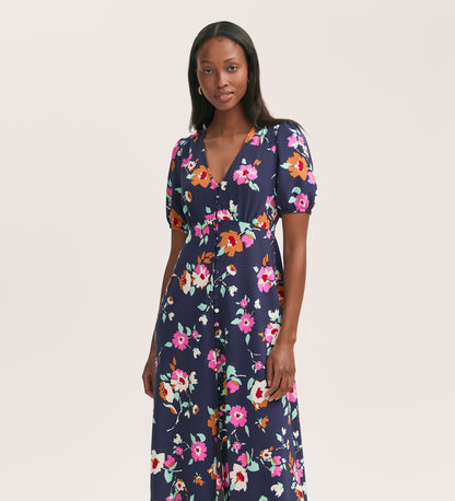 Robyn Navy Floral Crepe Midi Tea Dress