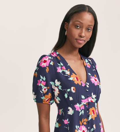 Robyn Navy Floral Crepe Midi Tea Dress