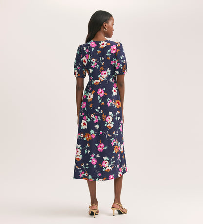 Robyn Navy Floral Crepe Midi Tea Dress