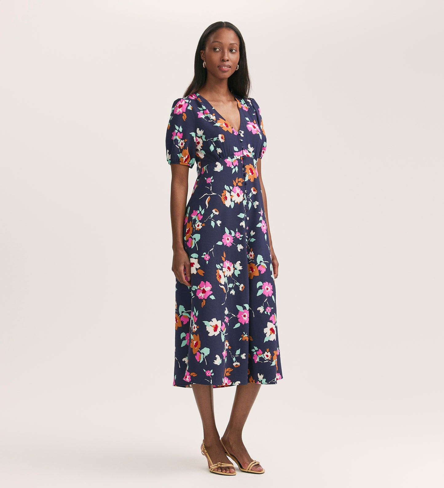 Robyn Navy Floral Crepe Midi Tea Dress