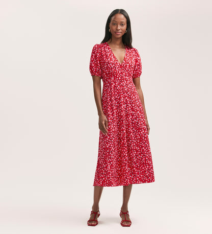 Robyn Red Ditsy Crepe Midi Tea Dress