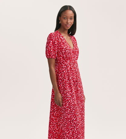 Robyn Red Ditsy Crepe Midi Tea Dress