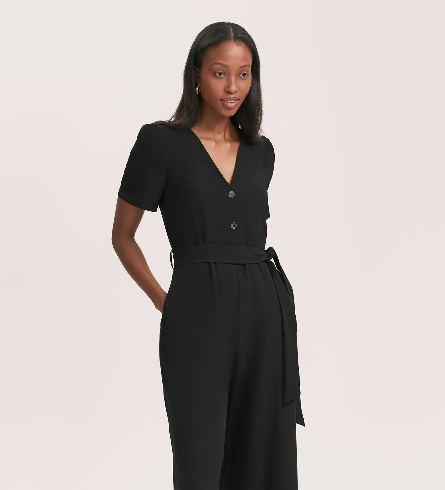 Uma Black Crepe Short Sleeve Jumpsuit