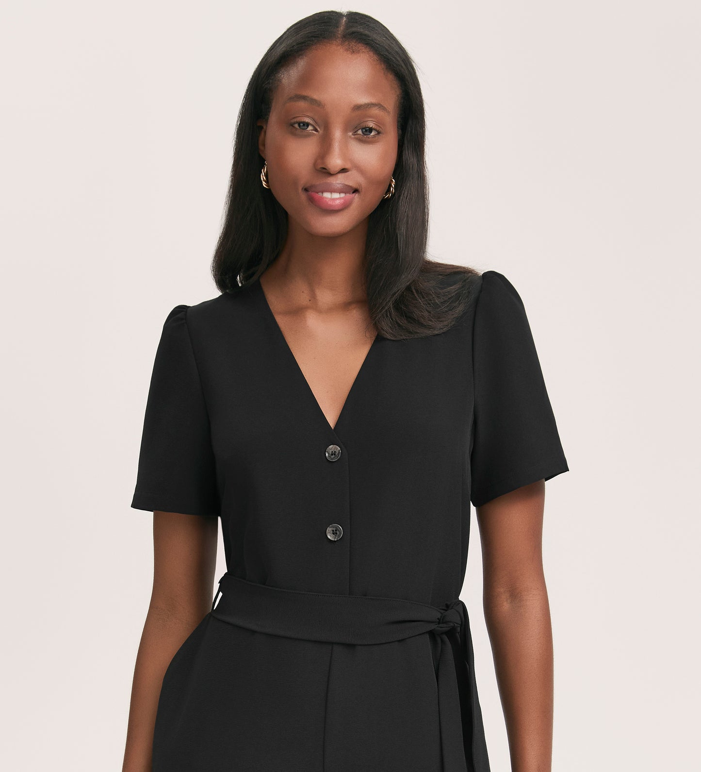 Uma Black Crepe Short Sleeve Jumpsuit