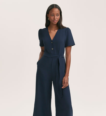 Uma Navy Crepe Short Sleeve Jumpsuit