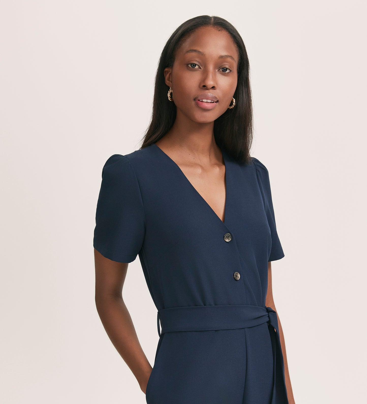 Uma Navy Crepe Short Sleeve Jumpsuit