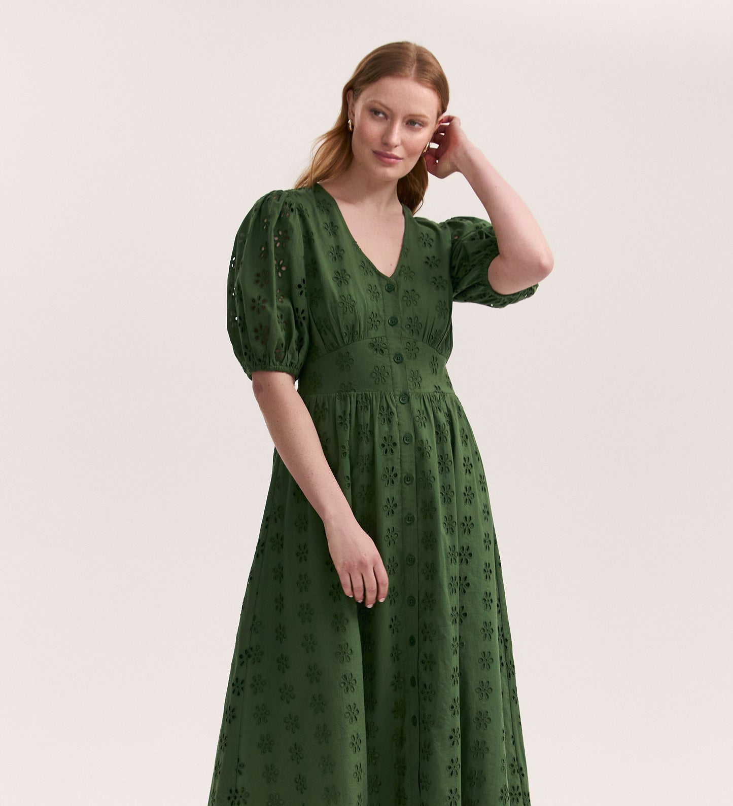 Una Embroidered Cotton Khaki Midi Tea Dress