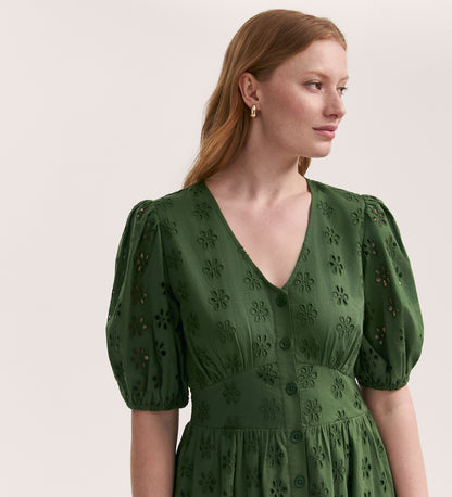 Una Embroidered Cotton Khaki Midi Tea Dress