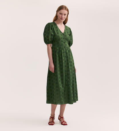 Una Embroidered Cotton Khaki Midi Tea Dress