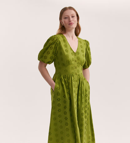 Una Embroidered Cotton Light Green Midi Tea Dress