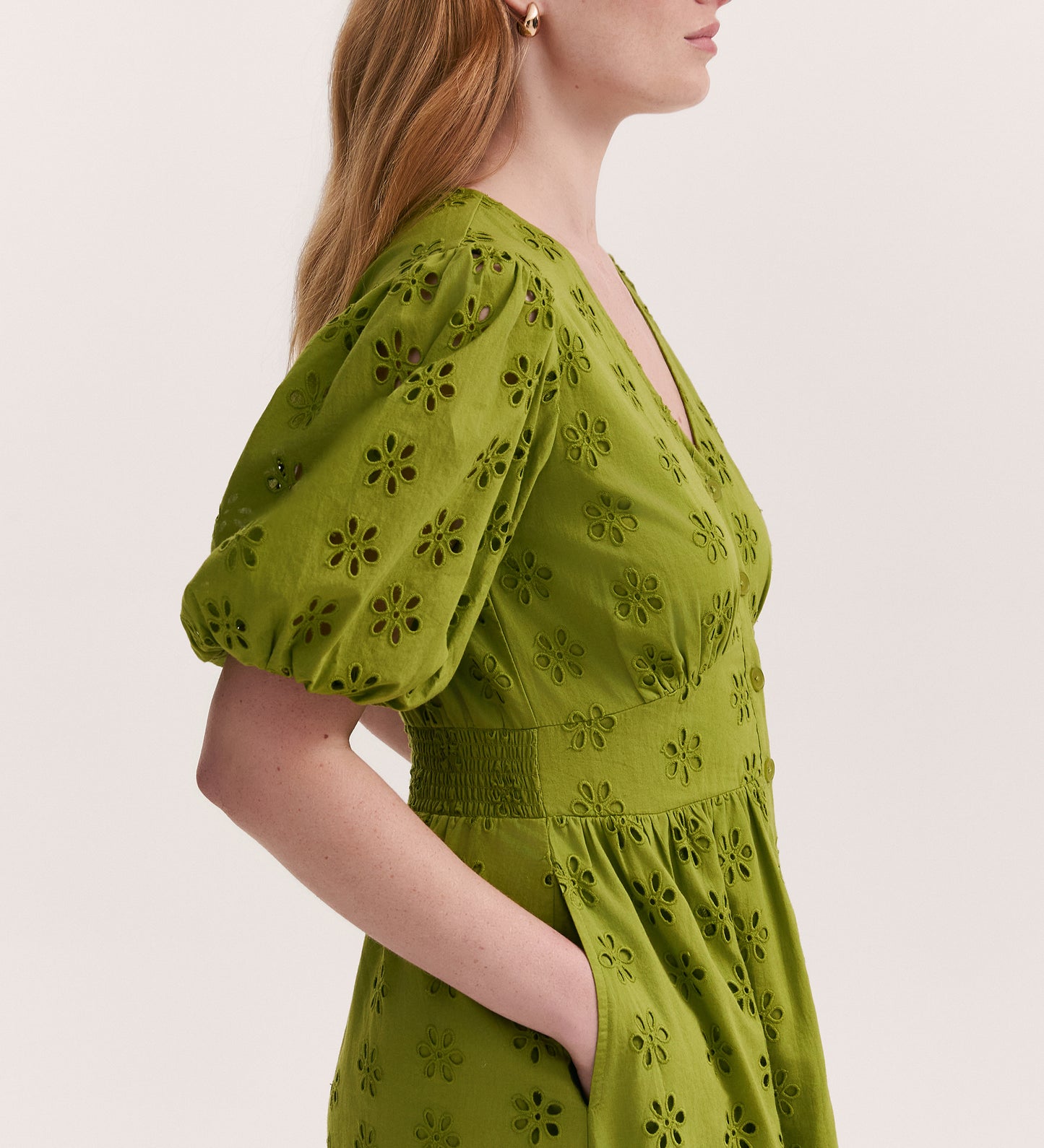 Una Embroidered Cotton Light Green Midi Tea Dress