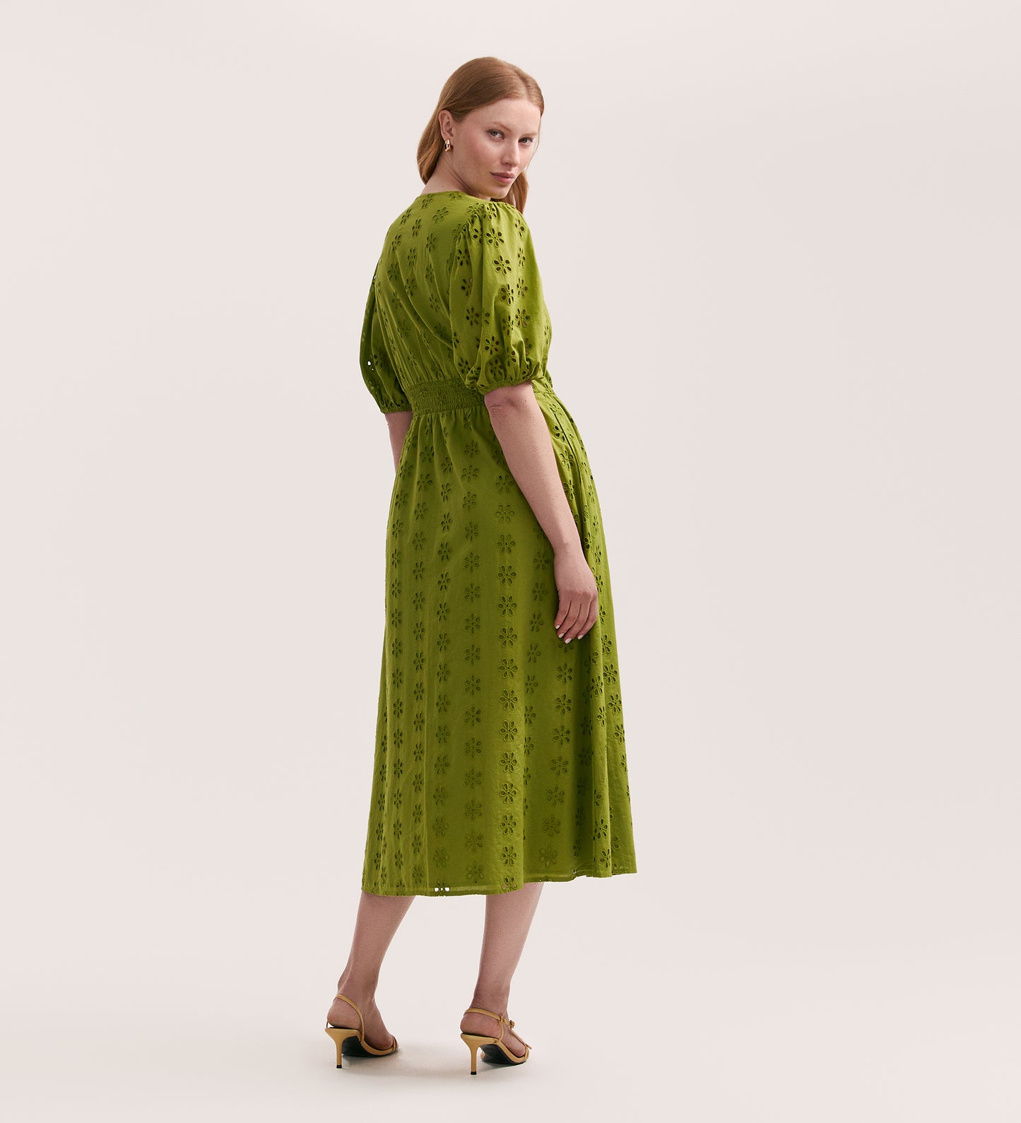 Una Embroidered Cotton Light Green Midi Tea Dress