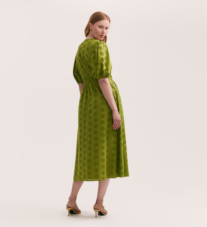 Una Embroidered Cotton Light Green Midi Tea Dress