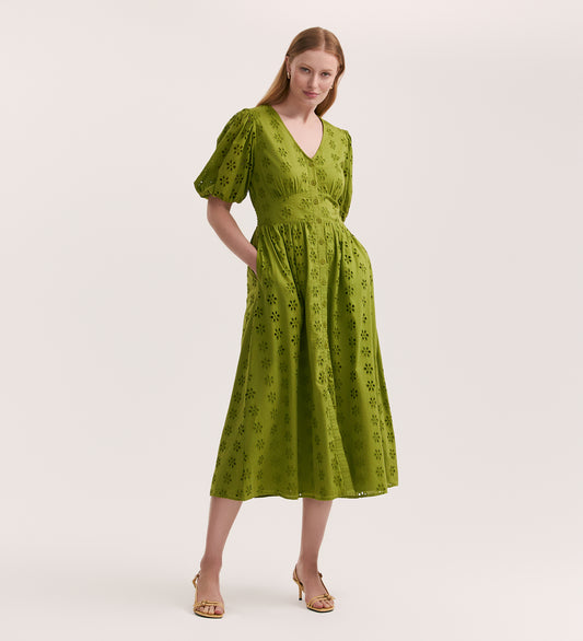 Una Embroidered Cotton Light Green Midi Tea Dress