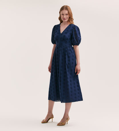 Una Embroidered Cotton Navy Midi Tea Dress